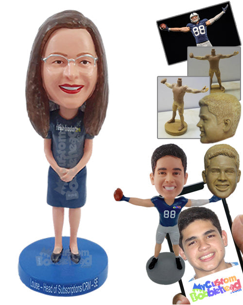 Shy teacher with both hands in front, wearing a t-shirt and skirt Personalized Bobblehead