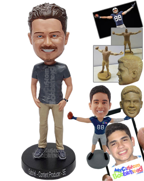 Casual Male Corporate Wearing a T-Shirt with Pants and Casual Shoes Personalized Bobblehead