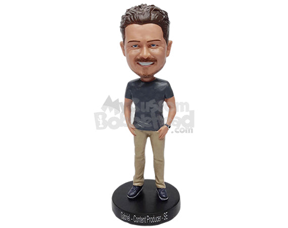 Casual Male Corporate Wearing a T-Shirt with Pants and Casual Shoes Personalized Bobblehead