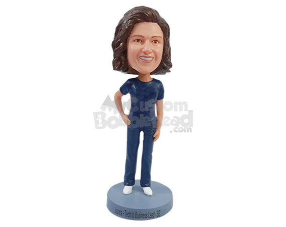 Casual Female Corporate Worker in a T-Shirt with Pants and Casual Shoes Personalized Bobblehead