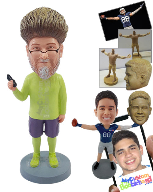 Extravagant Dude Wearing Colorful Home Clothing with a Remote Control in Hand Personalized Bobblehead