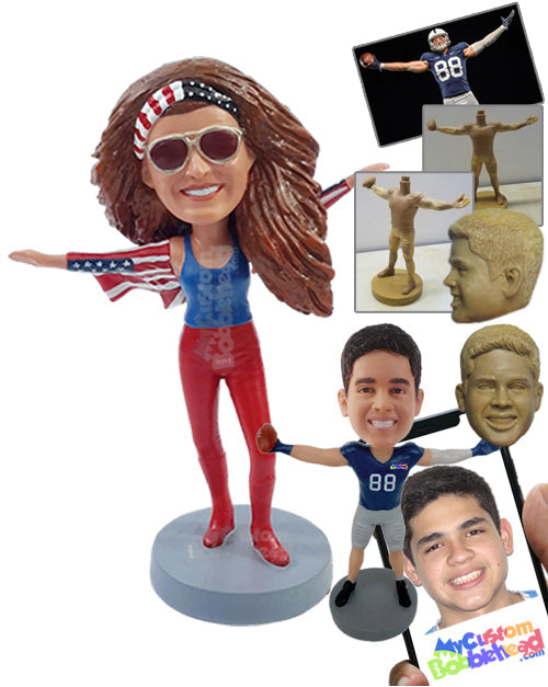 Cool Arms Stretched Girl Wearing a Tank Top and a Flag Sweater in Tight Pants and Boots Personalized Bobblehead