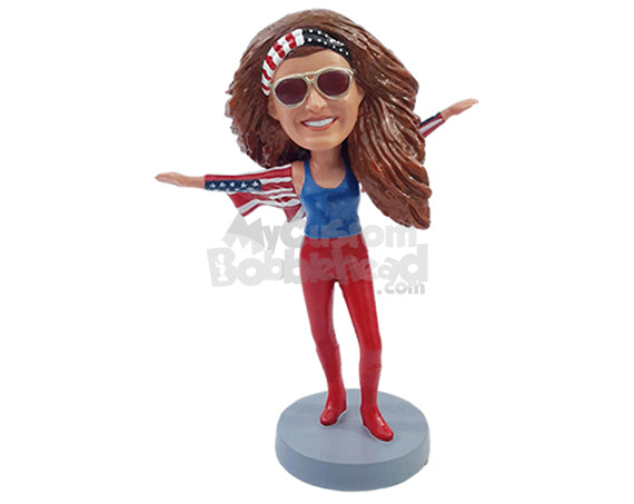 Cool Arms Stretched Girl Wearing a Tank Top and a Flag Sweater in Tight Pants and Boots Personalized Bobblehead