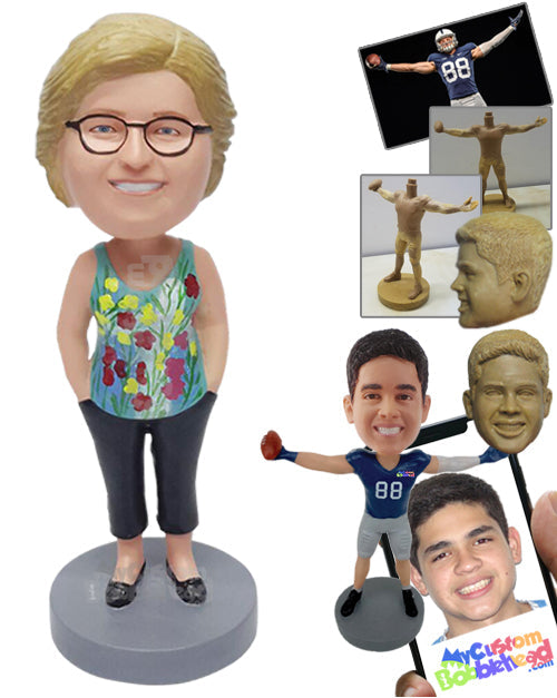 Nice looking lady wearing a colorful tank top with both hands inside pockets Personalized Bobblehead