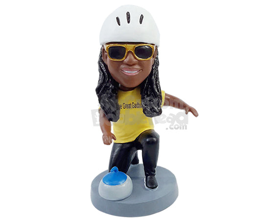 Custom Bobblehead Girl playing Ice Curling wearing a t-shirt kneeling - Leisure & Casual Casual Females Personalized Bobblehead & Action Figure