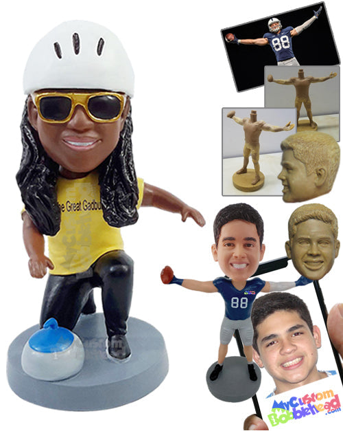 Girl Playing Ice Curling, Wearing a T-shirt, Kneeling Personalized Bobblehead