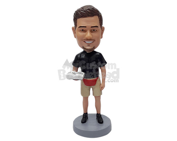 Custom Bobblehead Young priest in shorts reading the bible wearing a fanny pack on the waist - Leisure & Casual Casual Males Personalized Bobblehead & Action Figure