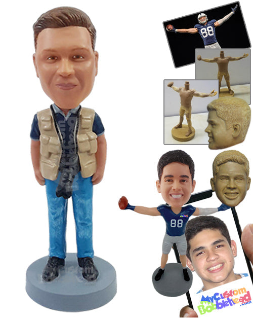 Professional news photographer wearing a camera around the neck with a vest on Personalized Bobblehead