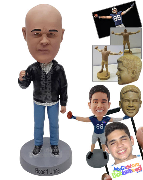 Serious man showing fist, wearing a jacket, collared shirt, and nice shoes Personalized Bobblehead