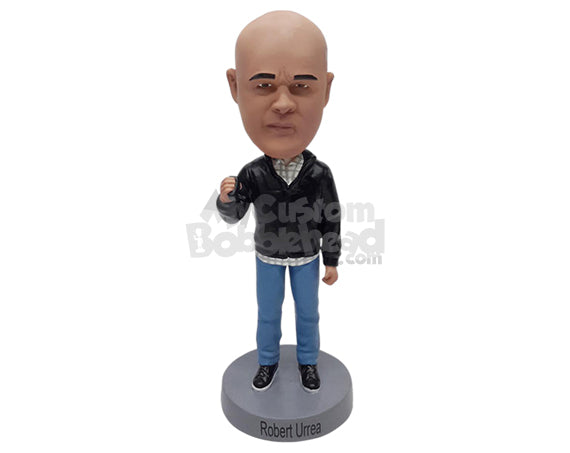 Serious man showing fist, wearing a jacket, collared shirt, and nice shoes Personalized Bobblehead