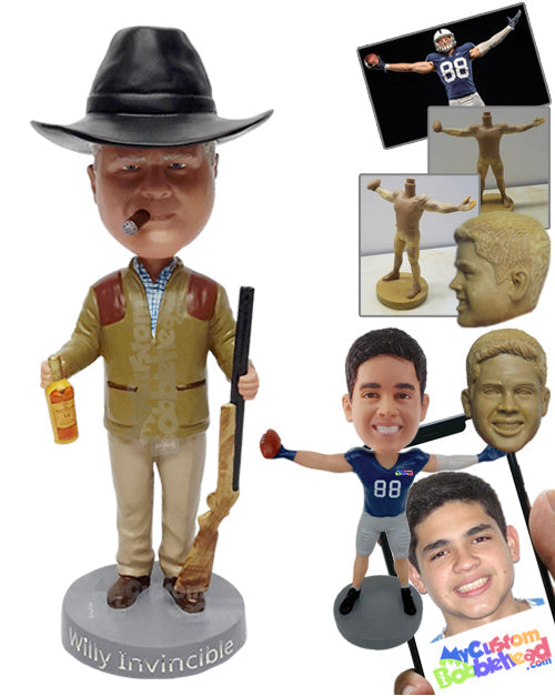 Classical Cowboy Look Dude Wearing a Leather Jacket with a Shotgun and a Tequila Bottle Personalized Bobblehead