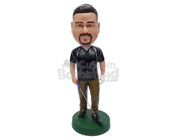 Custom Bobblehead Casual male wearing a v-neck shirt holding a golf stick - Leisure & Casual Casual Males Personalized Bobblehead & Action Figure