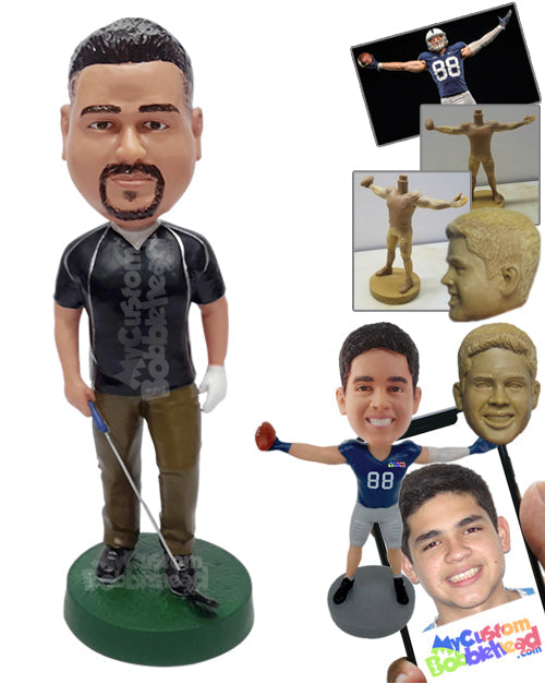 Casual Male Wearing a V-Neck Shirt Holding a Golf Stick Personalized Bobblehead