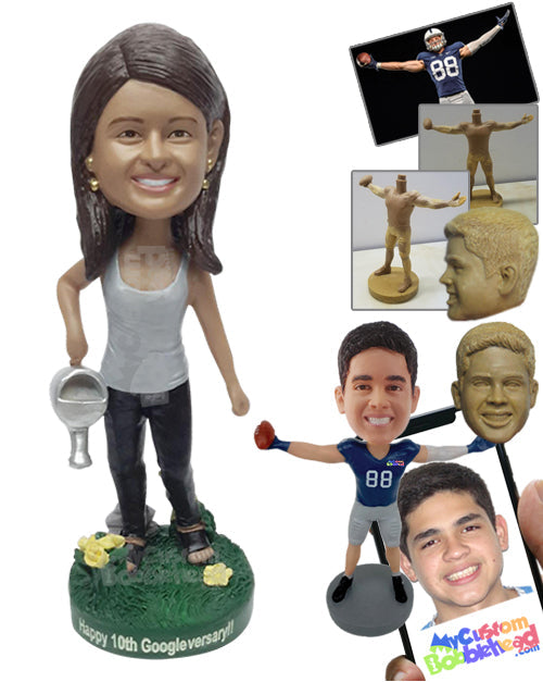 Female House Gardner Holding a Watering Can, Wearing a Tank Top and Slide-in Sandals Personalized Bobblehead