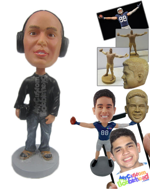 Cool Guy in Sandals with Headphone and a Bag in Hand Personalized Bobblehead