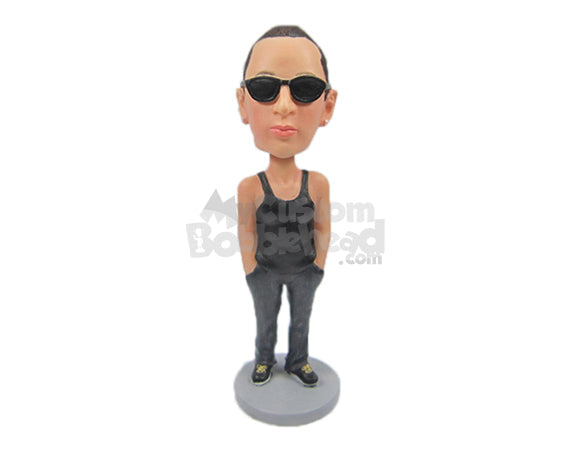 Custom Bobblehead Uber Cool Dude In Vest And Track Pants With Hands In Pocket - Leisure & Casual Casual Males Personalized Bobblehead & Cake Topper