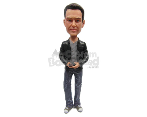 Custom Bobblehead Handsome Alpha Male In Jacket Holding Mobile In Hand - Leisure & Casual Casual Males Personalized Bobblehead & Cake Topper