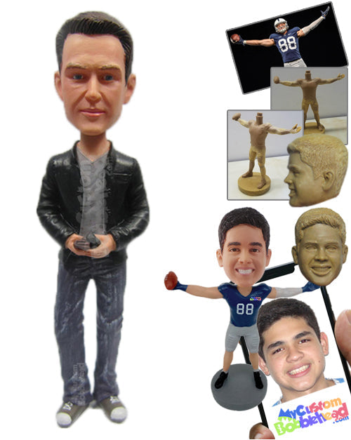 Handsome Alpha Male in Jacket Holding Mobile in Hand Personalized Bobblehead