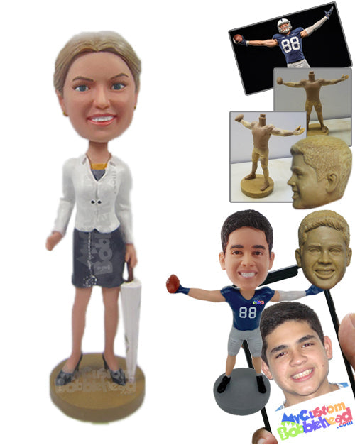 Smart, Bold Lady in Stylish Outfit with an Umbrella Personalized Bobblehead