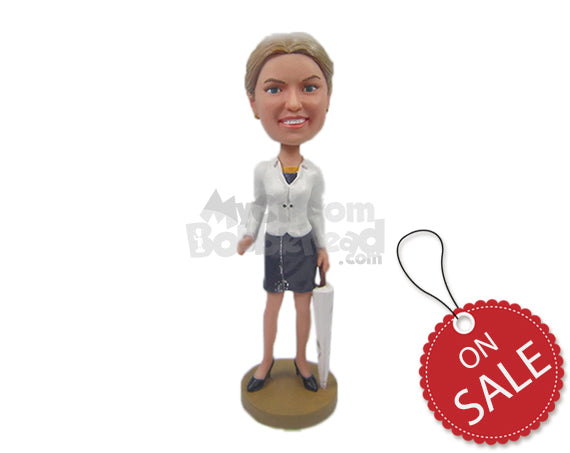 Custom Bobblehead Smart Bold Lady In Stylish Outfit With An Umbrella - Leisure & Casual Casual Females Personalized Bobblehead & Cake Topper