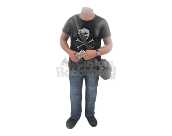 Custom Bobblehead Cool Guy In Stylish Tshirt With Side Bag And Mobile In His Hand - Leisure & Casual Casual Males Personalized Bobblehead & Cake Topper