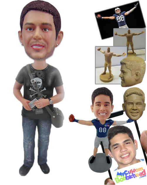 Cool Guy in Stylish T-shirt with Side Bag and Mobile in His Hand Personalized Bobblehead