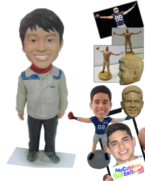 Happy Male in High Neck T-shirt and Sleeveless Jacket Personalized Bobblehead