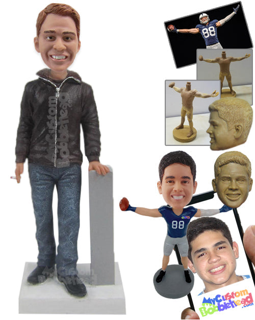 Cool Stylish Guy Standing Next to a Post Holding a Cigarette in Hand Personalized Bobblehead