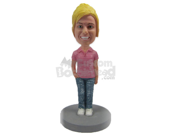 Cute Girl in Stylish Polo with Hands in Pocket Personalized Bobblehead