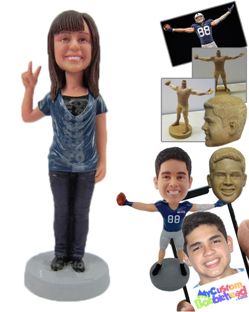 Happy Cute Girl in Stylish Top with Peace Hand Sign Personalized Bobblehead