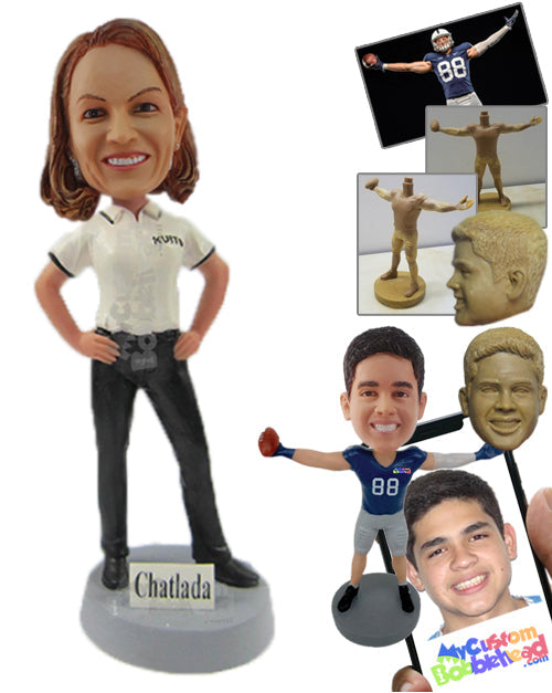 Bold Lady in Striking Polo T-shirt, Hands on Hips Personalized Bobblehead