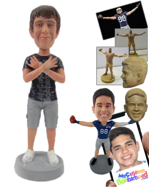 Cool Dude In Shorts with Rock On Hand Gesture Personalized Bobblehead