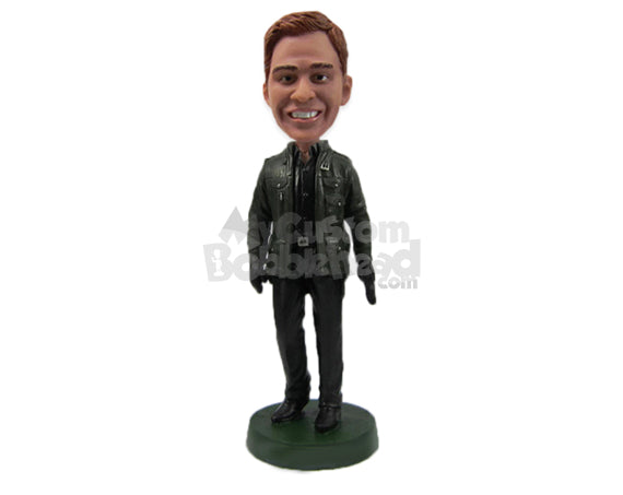 Handsome Hunk in Awesome Leather Jacket Holding Gun in One Hand Personalized Bobblehead