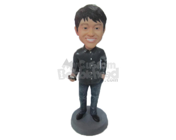 Custom Bobblehead Handsome Male With Dashing Shirt Holding Mobile In His Hand - Leisure & Casual Casual Males Personalized Bobblehead & Cake Topper