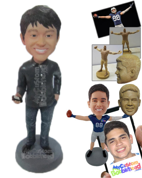 Handsome Male with Dashing Shirt Holding Mobile in His Hand Personalized Bobblehead