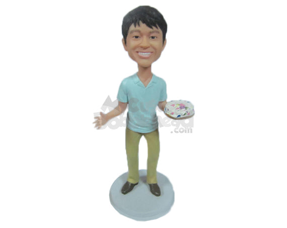 Custom Bobblehead Happy Cute Boy With A Cake - Leisure & Casual Casual Males Personalized Bobblehead & Cake Topper