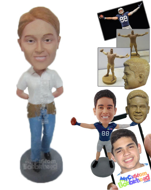 Handsome Dude in Classic Pair of Jeans with Hands Clenched at Back Personalized Bobblehead