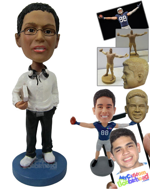 Male in Semi-Formal Look with Headphones and Book in Hand Personalized Bobblehead