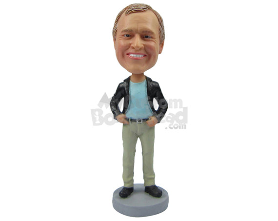 Custom Bobblehead Graceful Smiling Man Posing With Hands On His Waist - Leisure & Casual Casual Males Personalized Bobblehead & Cake Topper