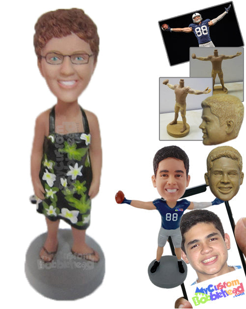 Charming Lady in One Piece Floral Attire Personalized Bobblehead