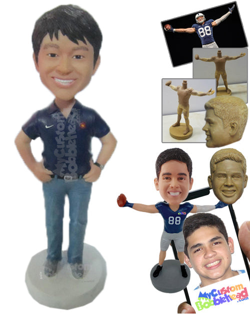 Neat Handsome Man in Polo with Hands on Waist and a Wrist Watch Personalized Bobblehead