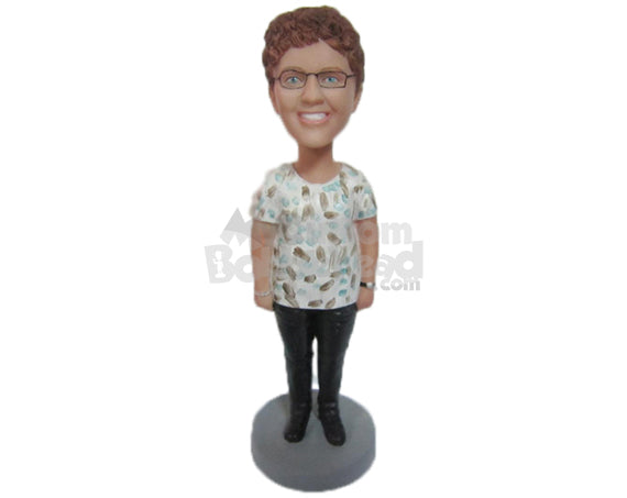 Custom Bobblehead Lovely Smiling Lady In Printed Top With A Wrist Watch - Leisure & Casual Casual Females Personalized Bobblehead & Cake Topper