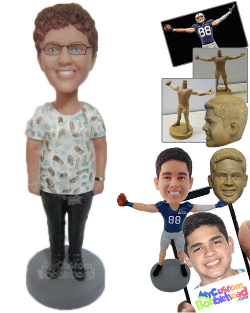 Lovely Smiling Lady in Printed Top with a Wrist Watch Personalized Bobblehead