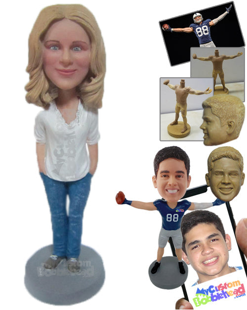 Beautiful Lady in Trendy Top with Hands in Her Pocket Personalized Bobblehead