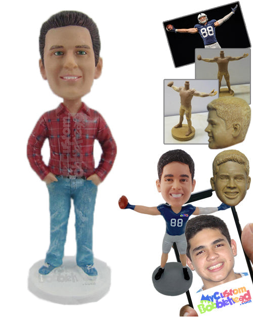 Suave Man in Trendy Shirt with Hands in Pockets Personalized Bobblehead