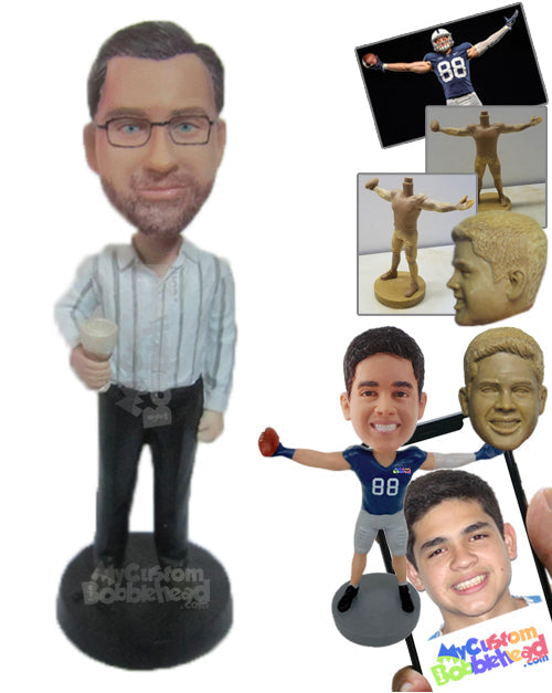 Neat Gentleman in Stripes Shirt Holding a Glass Personalized Bobblehead