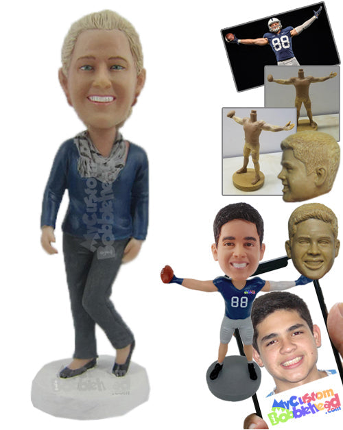 Graceful Happy Woman in Casual with a Scarf Personalized Bobblehead