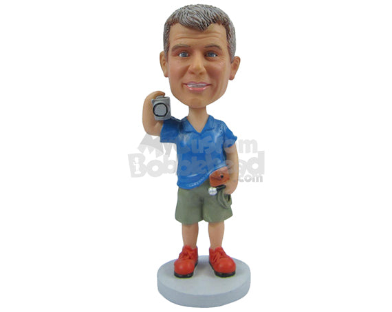 Custom Bobblehead Stylish Male In Casual Attire Holding Camera And Mic In His Hands - Leisure & Casual Casual Males Personalized Bobblehead & Cake Topper