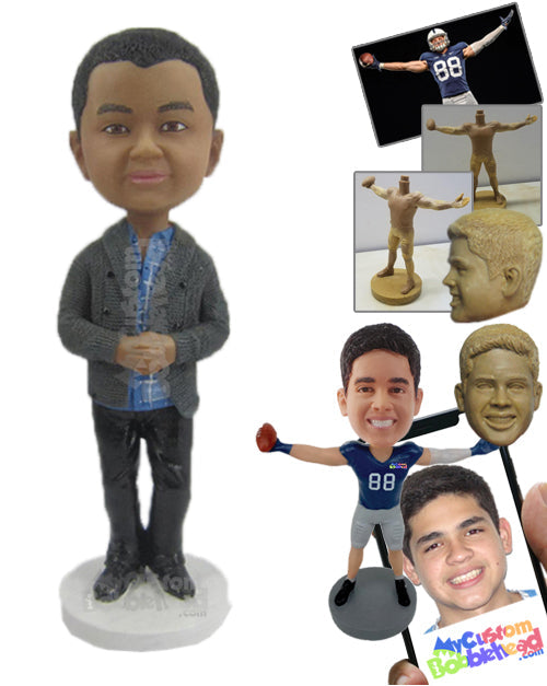 Dapper Gentleman in Trendy Sweater with Hands Joined Personalized Bobblehead