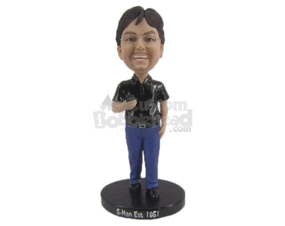 Custom Bobblehead Happy Dude In Trendy Attire With Mobile In His Hand - Leisure & Casual Casual Males Personalized Bobblehead & Cake Topper